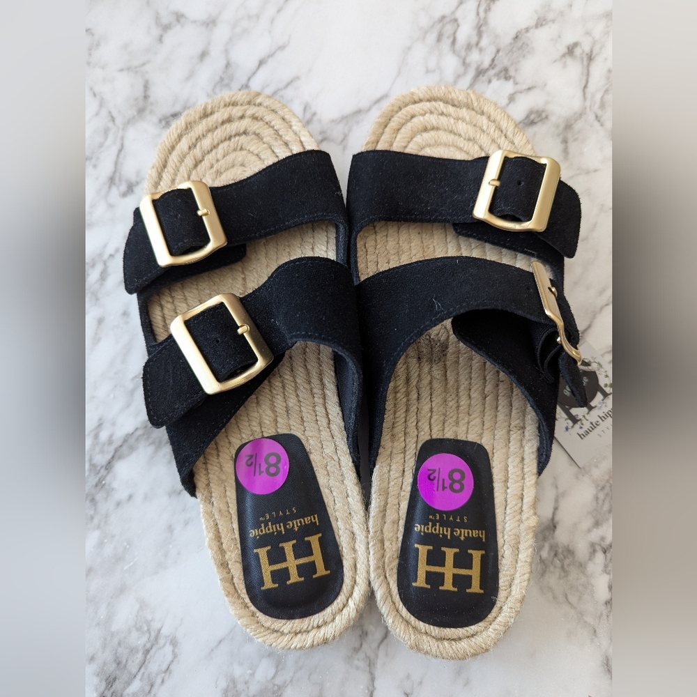 Haute Hippie Black Double Buckle Espadrille Slide Sandals NWT - Picture 3 of 7